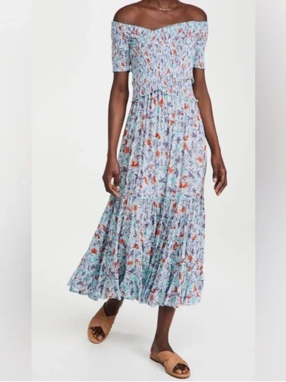 POUPETTE ST BARTH Soledad Maxi Dress Blue Red Floral Off Shoulder Smocked L
